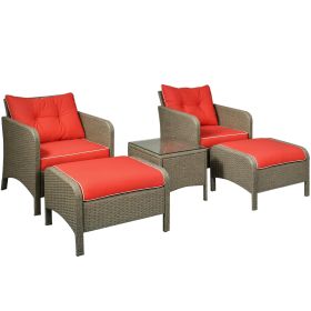 5 Pieces Rattan Wicker Lounge Chair Outdoor Patio Conversation Set with 2 Cushioned Chairs, 2 Ottomans and Tempered Glass Top Coffee Table, Brown