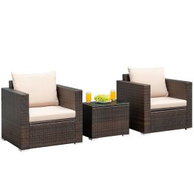 3 Pieces Patio Conversation Rattan Furniture Set with Cushion (Color: Beige)