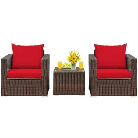 3 Pieces Patio Conversation Rattan Furniture Set with Cushion (Color: Red)
