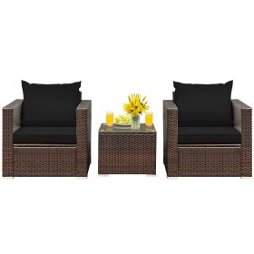 3 Pieces Patio Conversation Rattan Furniture Set with Cushion (Color: Black)