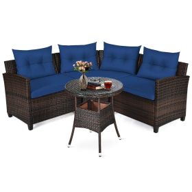 4 Pieces Outdoor Cushioned Rattan Furniture Set (Color: Navy)