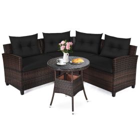 4 Pieces Outdoor Cushioned Rattan Furniture Set (Color: Black)