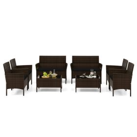 4 Piece Patio Rattan Conversation Set with Cozy Seat Cushions (Color: Black)