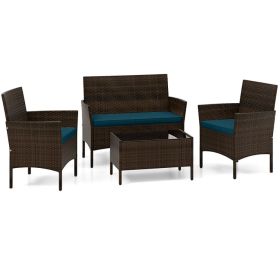 4 Piece Patio Rattan Conversation Set with Cozy Seat Cushions (Color: Peacock Blue)